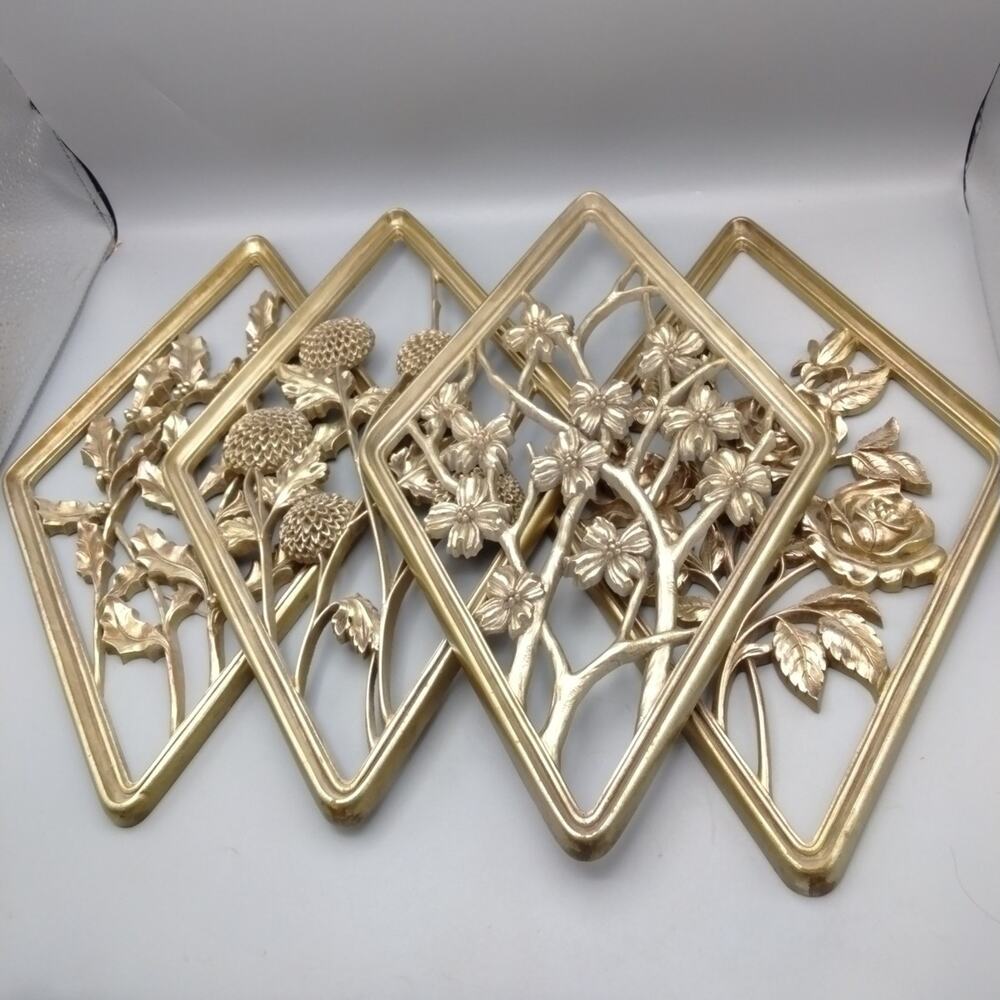 Vintage Syroco Four Seasons Flowers Diamond Wall Plaque Gold Floral Decor Retro